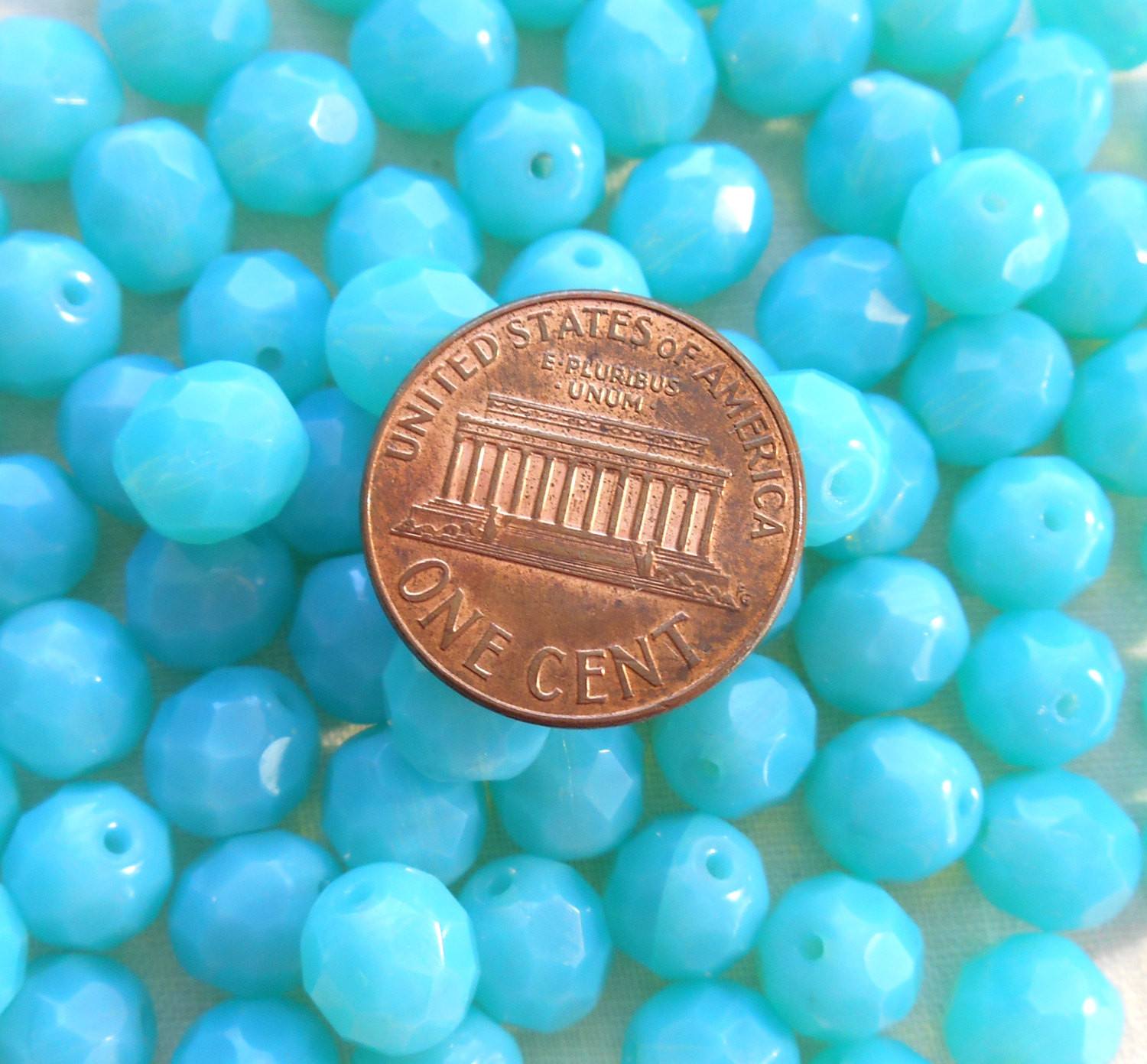 Lot of 25 8mm Czech Caribbean Milky Blue Opaque Opal round faceted firepolished glass beads, C7825 - Glorious Glass Beads