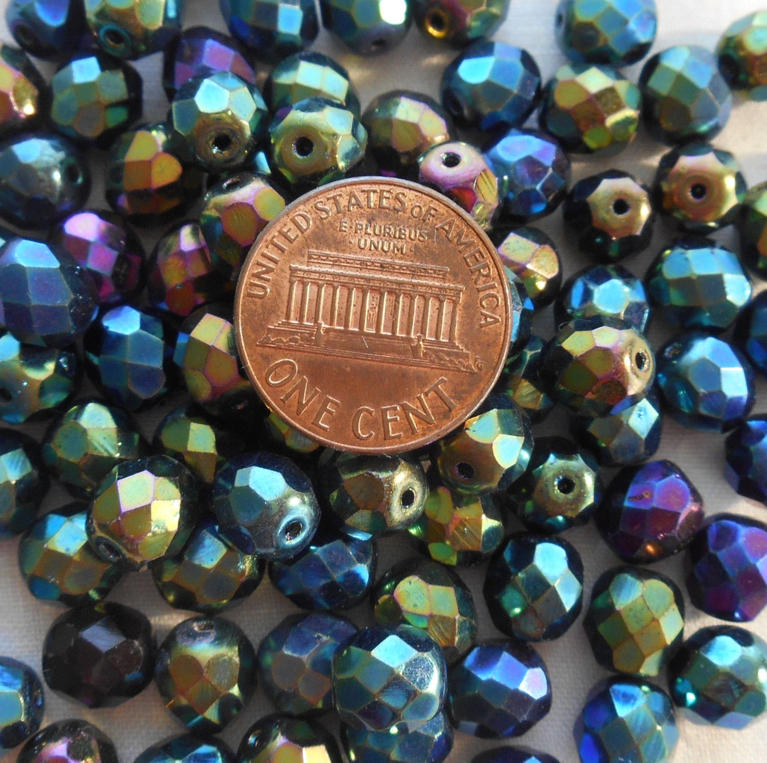Lot of 25 8mm Green Iris, faceted, round, firepolished glass beads, C2525 - Glorious Glass Beads