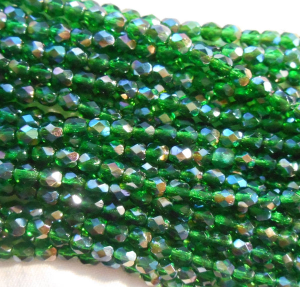 Fifty 4mm Czech Emerald Celsian Green glass round faceted firepolished beads, C5550