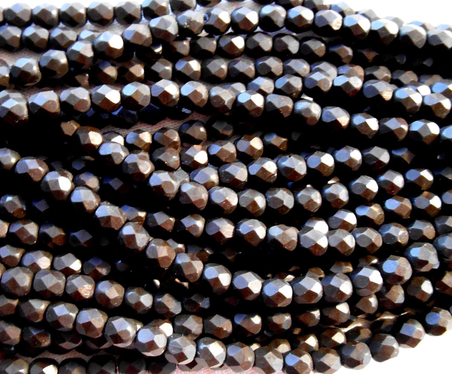 Fifty 4mm Czech glass opaque dark brown matte Wild Raisin firepolished faceted round beads, C2550 - Glorious Glass Beads
