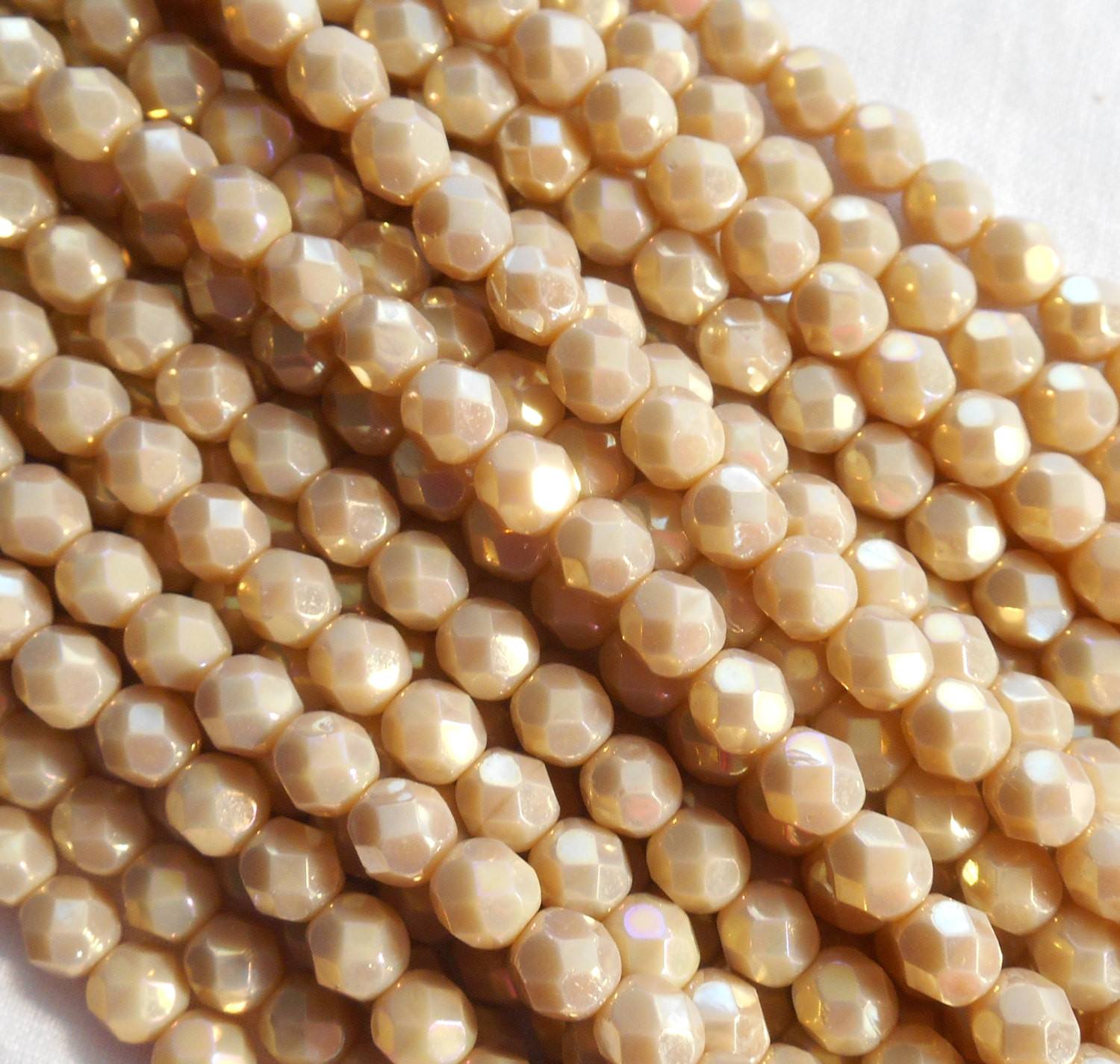 Fifty 4mm Czech glass opaque, Off White, Luster Iris, firepolished, faceted round beads, C9650 - Glorious Glass Beads