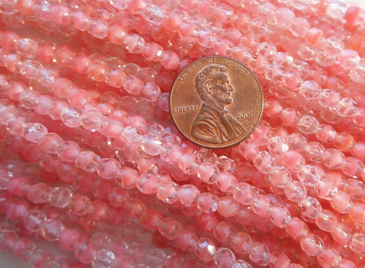 Fifty 4mm Czech glass, light Crystal Rosaline peach firepolished faceted round beads, C8550 - Glorious Glass Beads