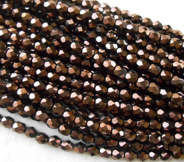 Fifty 4mm Czech glass, Brown Metallic, firepolished faceted round beads, C8550