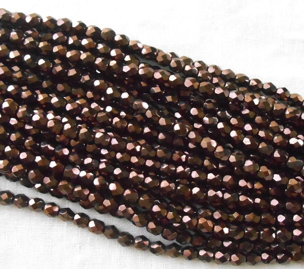 Fifty 4mm Czech glass, Brown Metallic, firepolished faceted round beads, C8550 - Glorious Glass Beads