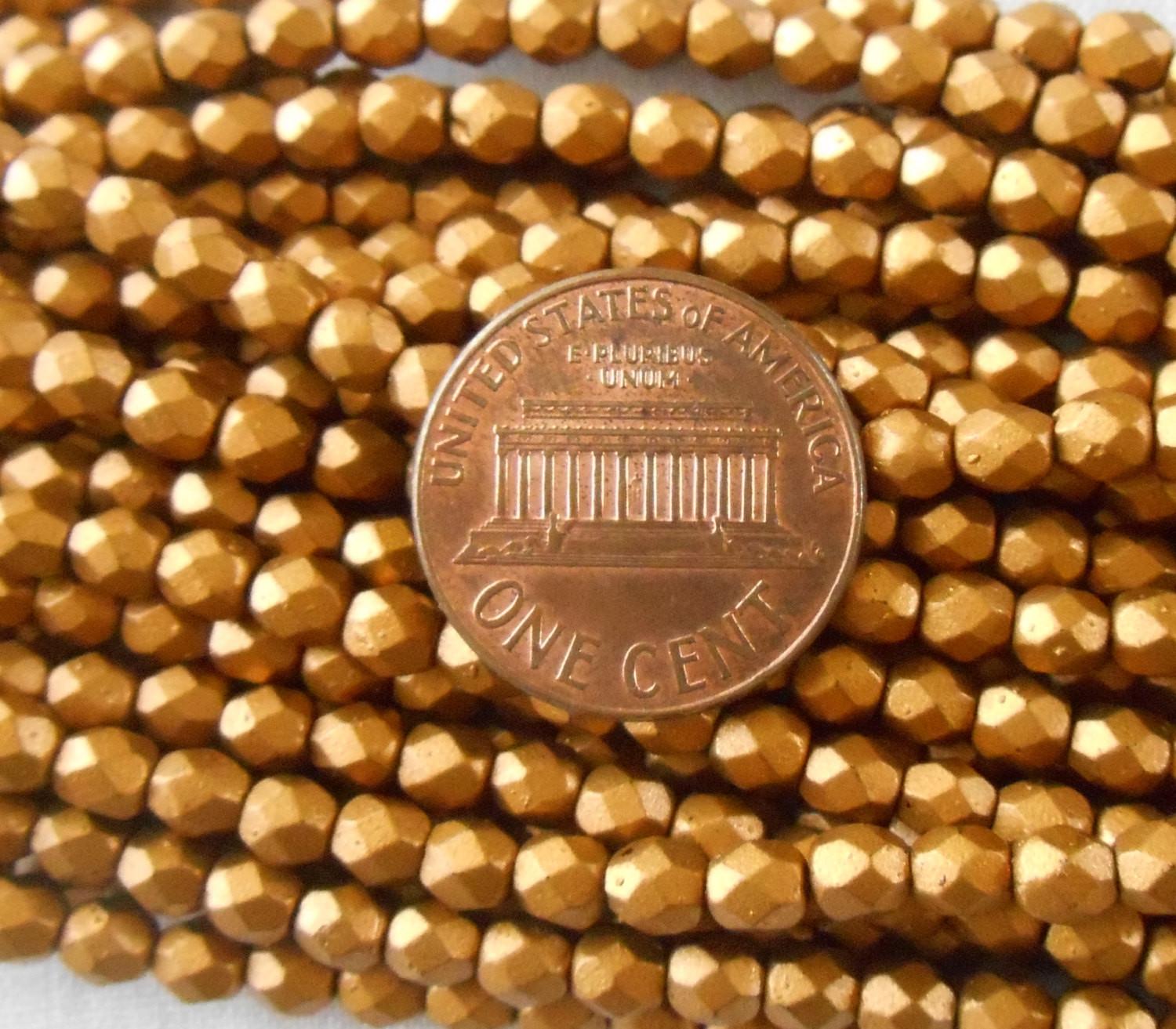 Fifty 4mm Matte Metallic Gold Goldenrod Czech glass firepolished, faceted round beads, C9650 - Glorious Glass Beads