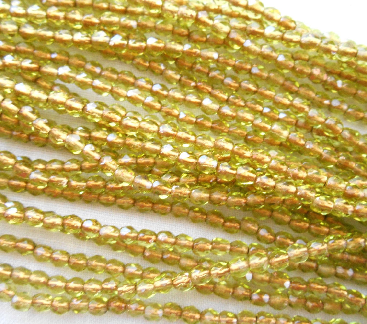 Fifty 3mm Czech Copper Olivine Green glass round faceted firepolished beads, C8450 - Glorious Glass Beads