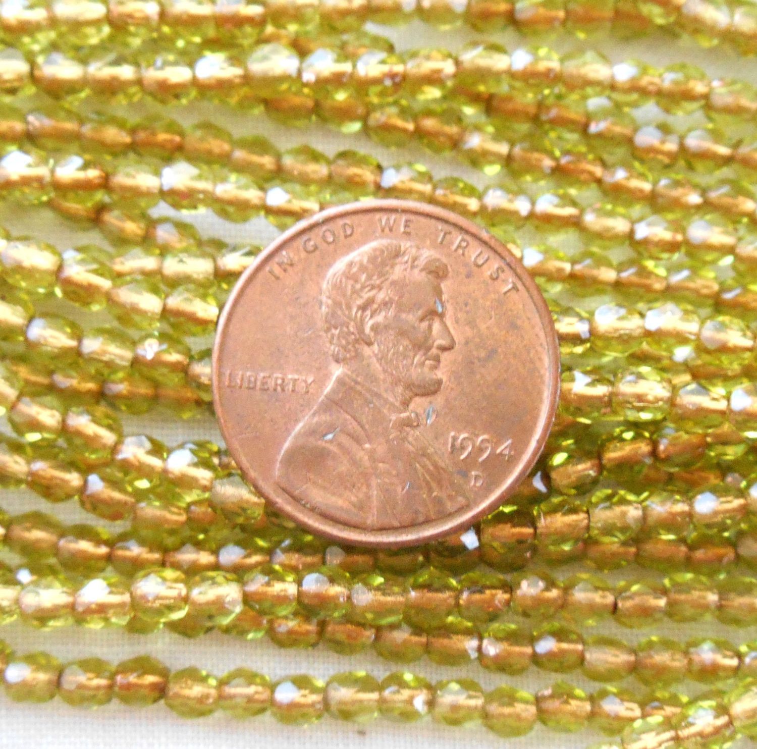 Fifty 3mm Czech Copper Olivine Green glass round faceted firepolished beads, C8450 - Glorious Glass Beads