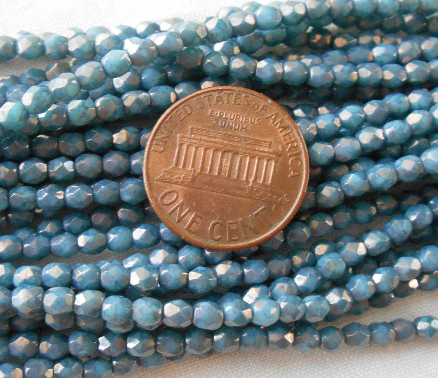 Fifty 3mm Opaque Turquoise Moon Dust Czech glass firepolished, faceted round beads with a golden finish, C4550 - Glorious Glass Beads