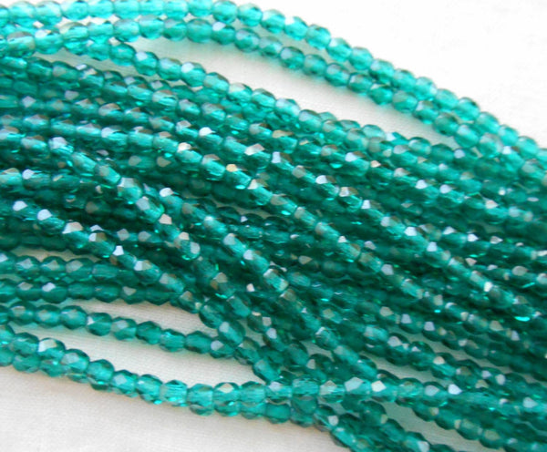 Fifty 3mm Czech Teal, Viridian glass round faceted firepolished beads, C1550