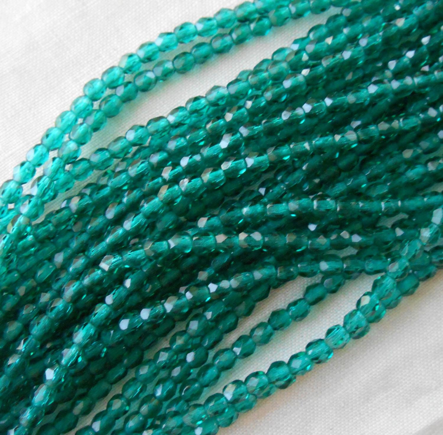 Fifty 3mm Czech Teal, Viridian glass round faceted firepolished beads, C1550 - Glorious Glass Beads