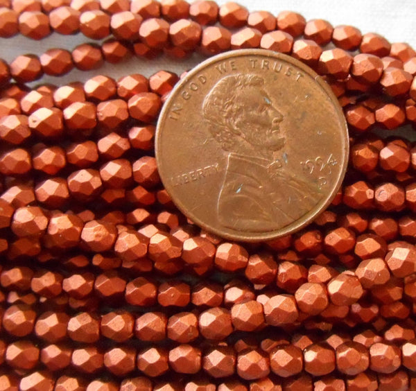 Fifty 3mm Matte Metallic Antique Copper Czech glass, firepolished, faceted round beads C1550 - Glorious Glass Beads