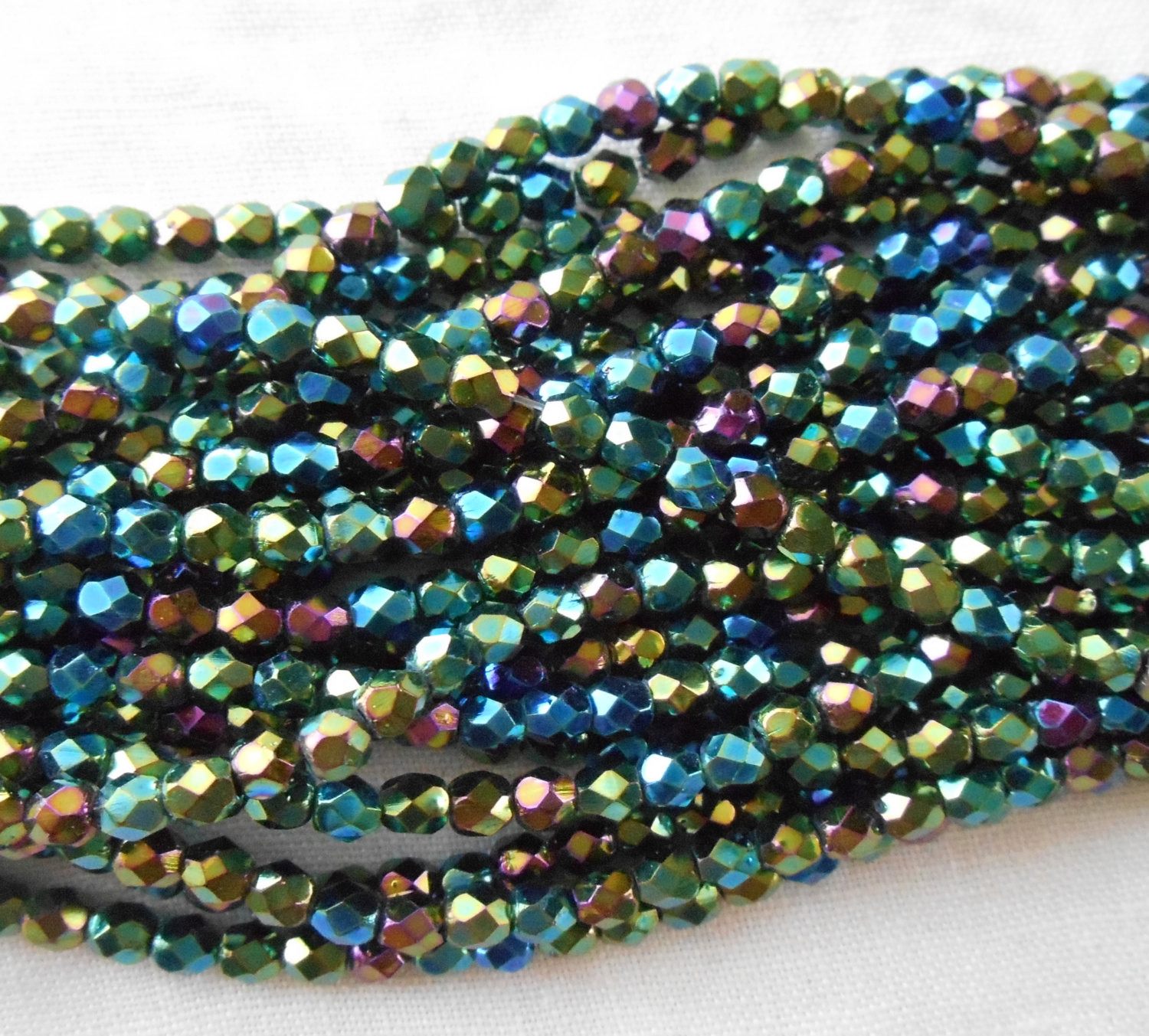 Fifty 3mm Czech Green Iris glass firepolished round faceted beads, C8450 - Glorious Glass Beads