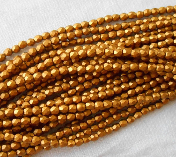 Fifty 3mm Matte Metallic Antique Gold Czech glass firepolished, faceted round beads, C1550