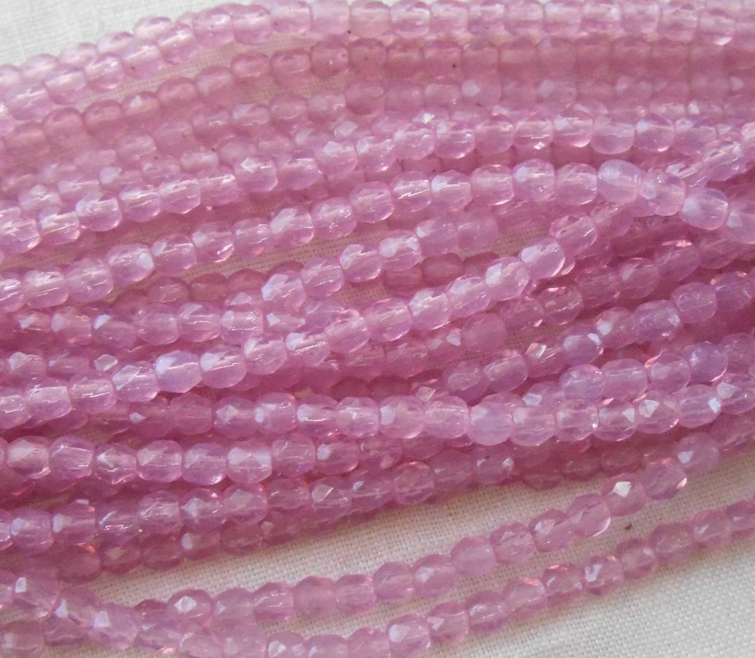 Fifty 3mm Czech glass Milky Pink Opal, firepolished faceted round beads, C8450 - Glorious Glass Beads