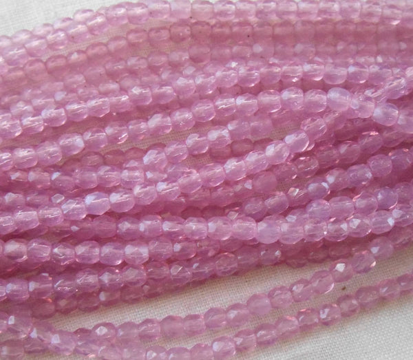 Fifty 3mm Czech glass Milky Pink Opal, firepolished faceted round beads, C8450