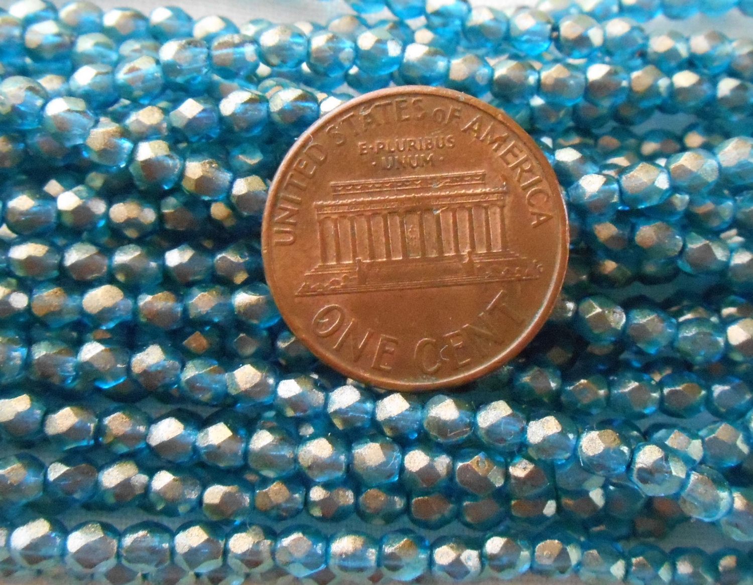 Fifty 3mm Halo Azurite Czech firepolished, glass gold faceted round beads, C8750 - Glorious Glass Beads