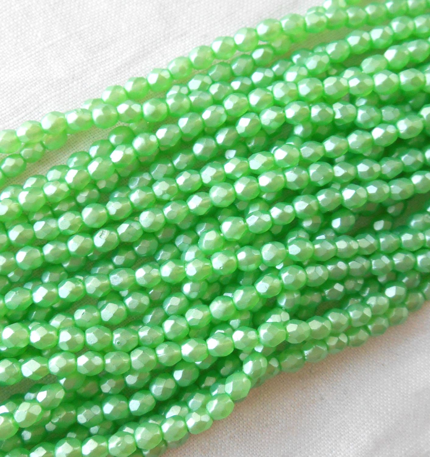 Fifty 3mm Czech Luster Satin Green glass, round faceted firepolished beads, C6650 - Glorious Glass Beads