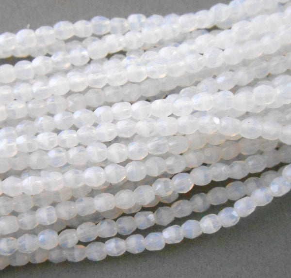 Fifty 3mm Opaque Milky White Czech glass firepolished, faceted round beads, C1550
