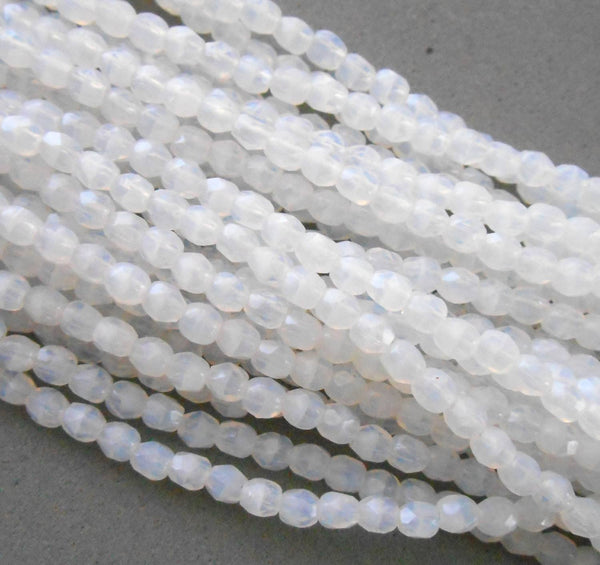Fifty 3mm Opaque Milky White Czech glass firepolished, faceted round beads, C1550 - Glorious Glass Beads