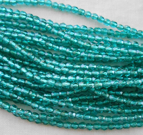 Fifty 3mm Czech Teal, Viridian silver lined glass round faceted firepolished beads, C8450 - Glorious Glass Beads