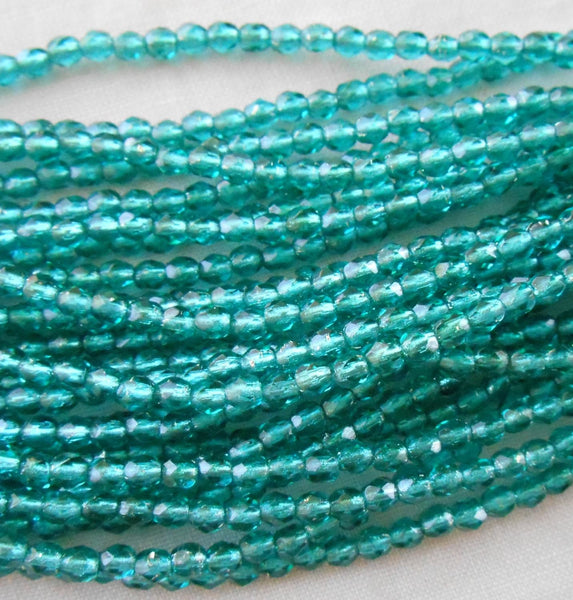 Fifty 3mm Czech Teal, Viridian silver lined glass round faceted firepolished beads, C8450