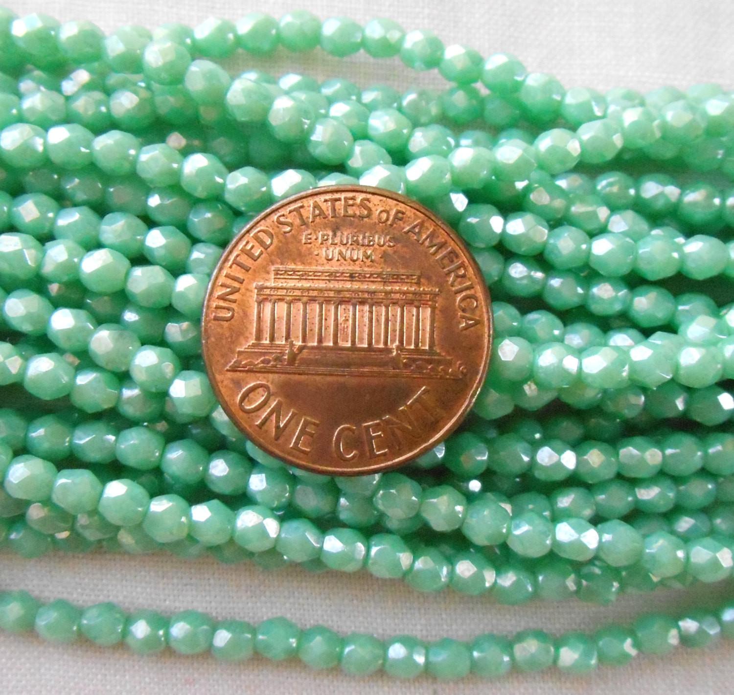 Fifty 3mm Turquoise Luster Czech glass firepolished, faceted round beads, C1550 - Glorious Glass Beads