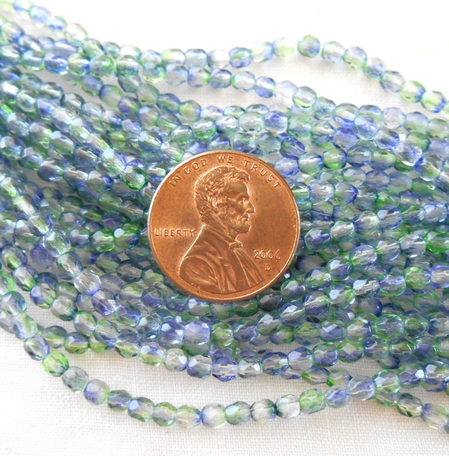 Fifty 3mm Czech Blueberry Green Tea, dual coated glass round faceted firepolished beads, C8450 - Glorious Glass Beads