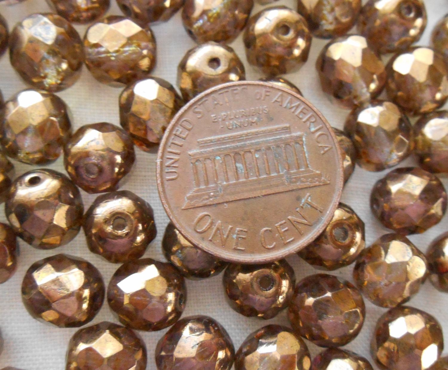 Lot of 25 8mm Czech Iridescent Lumi Brown, round, faceted, firepolished glass beads, C00125 - Glorious Glass Beads