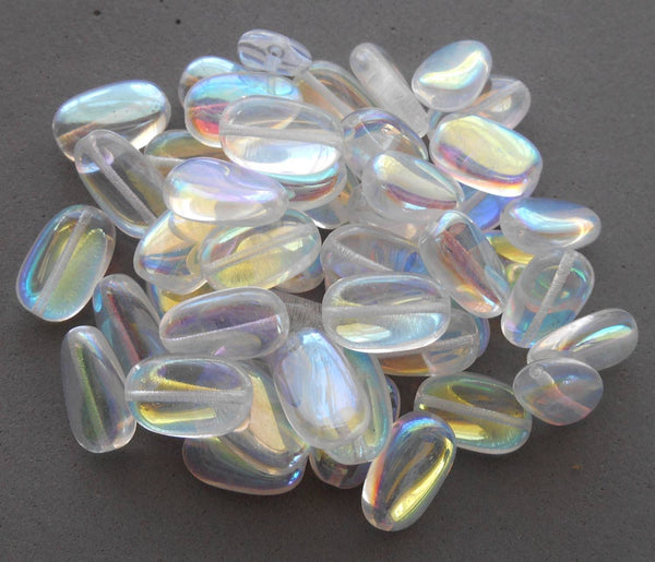 Lot of 15 Crystal AB slightly twisted oval Czech pressed Glass beads, 14mm x 8mm, C0048