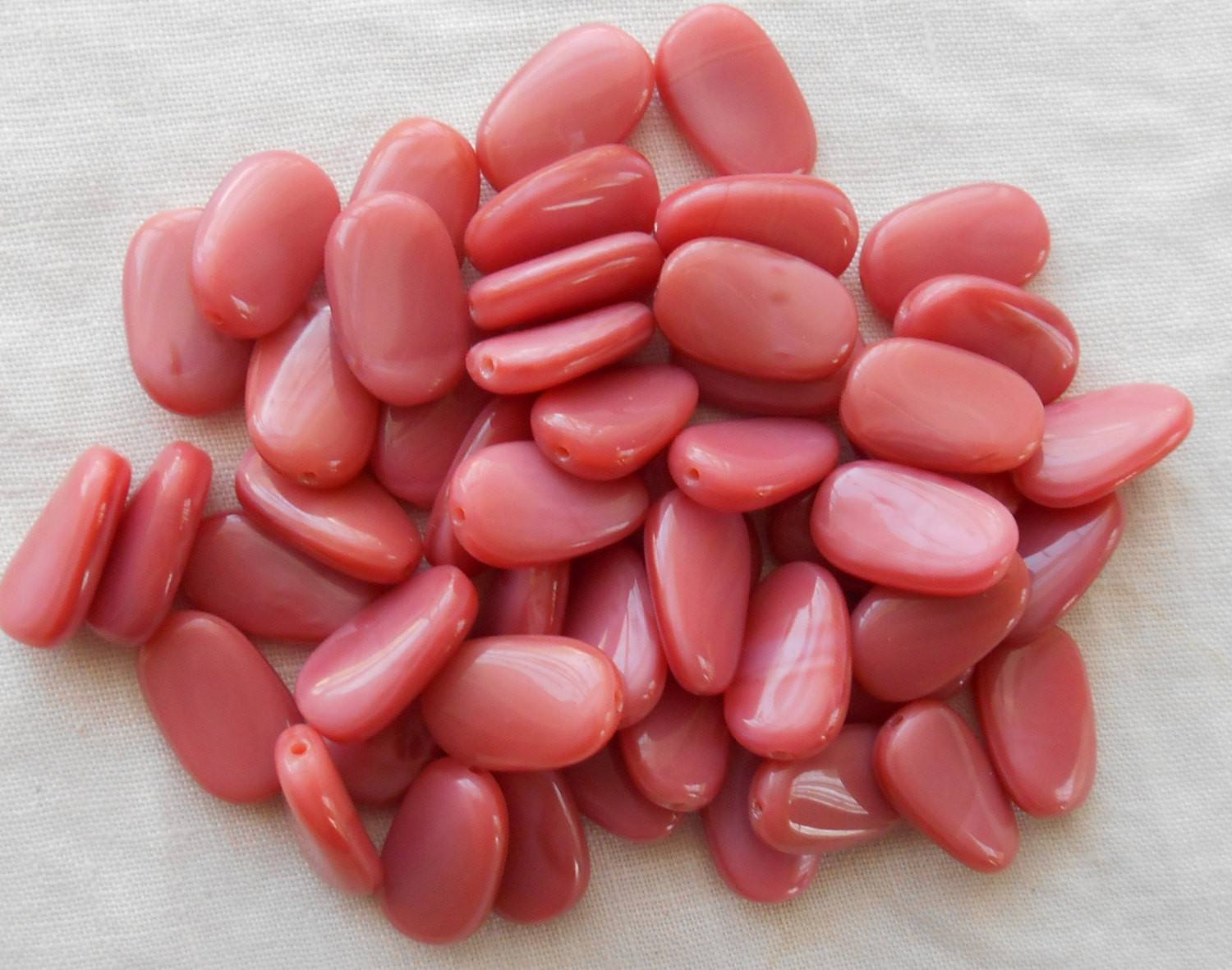 Lot of 25 Opaque Pink Satin slightly twisted oval Czech pressed Glass beads, 14mm x 8mm, C67125 - Glorious Glass Beads