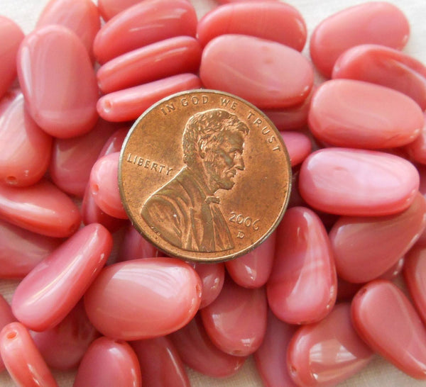 Lot of 25 Opaque Pink Satin slightly twisted oval Czech pressed Glass beads, 14mm x 8mm, C67125 - Glorious Glass Beads