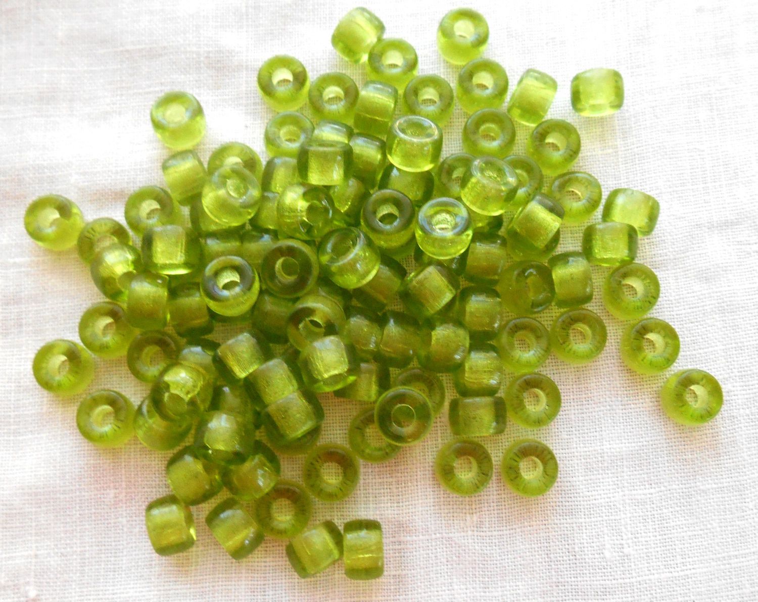 Fifty 6mm Green Olivine Czech glass pony roller beads, large hole crow beads, C7350 - Glorious Glass Beads