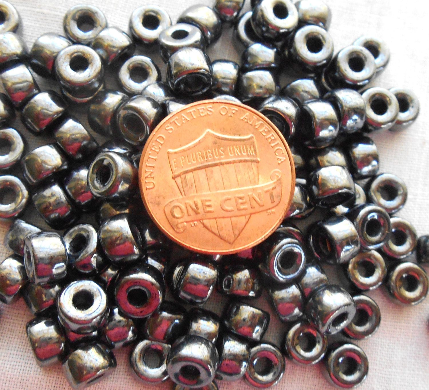 Fifty 6mm Czech Hematite Metallic Gray glass pony roller beads, large hole crow beads, C1450 - Glorious Glass Beads
