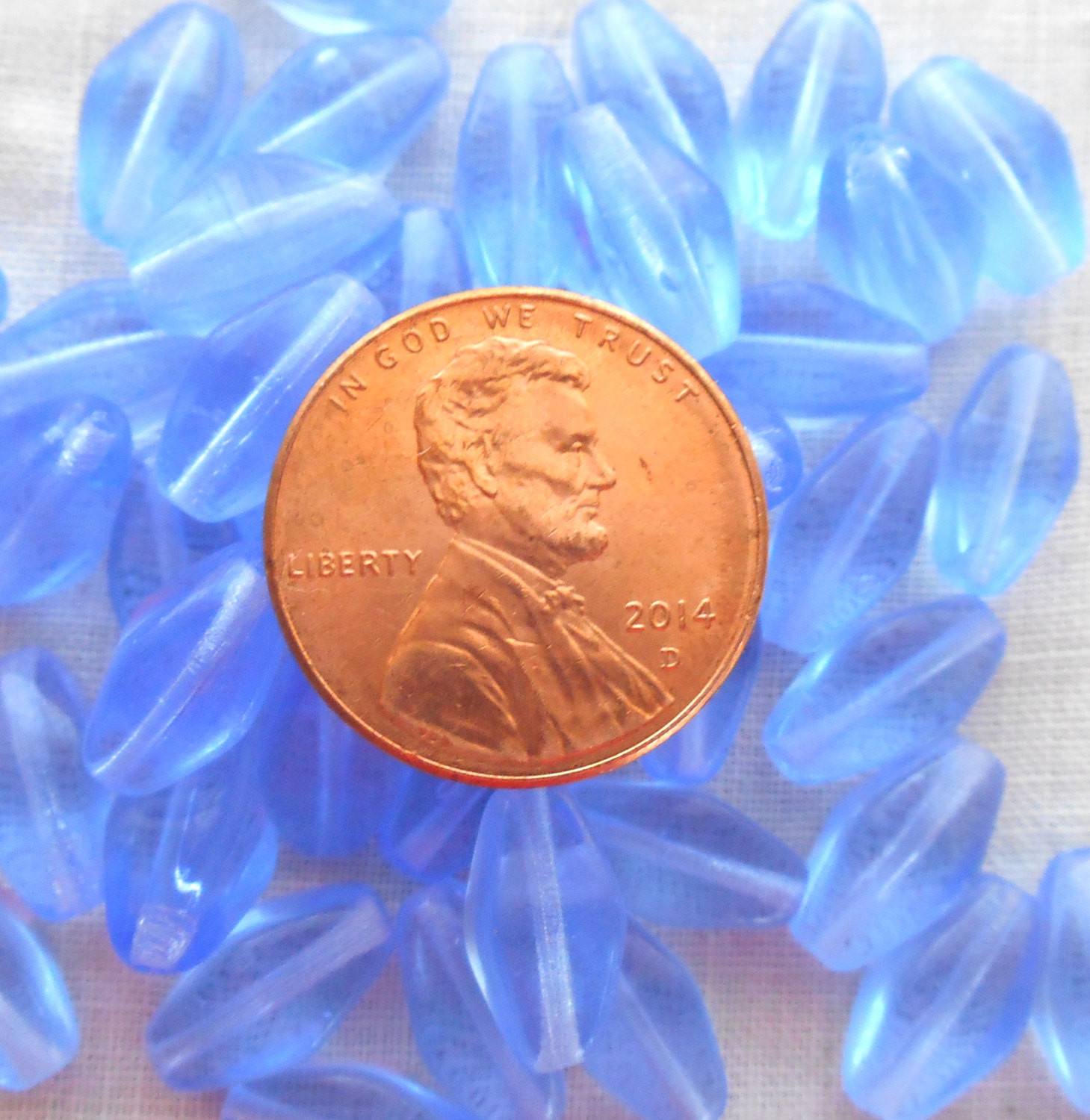 Lot of 25 11mm x 7mm Light Sapphire Blue Czech glass lantern, diamond or tube bead,s C9125 - Glorious Glass Beads