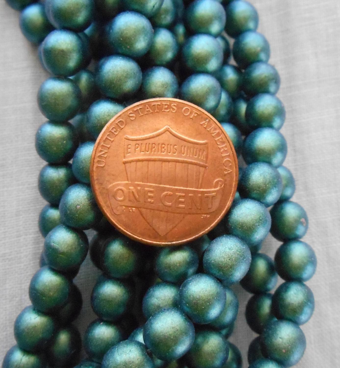 Fifty 6mm Czech glass beads, Polychrome Matte Aqua Teal Blue smooth round druk beads, C52101 - Glorious Glass Beads