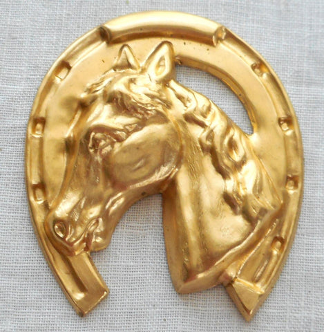 One large raw brass horse's head in a horse shoe, pendant, charm, brass stamping, ornament 1.625" in by 1.625" in. made in the USA 4401 - Glorious Glass Beads