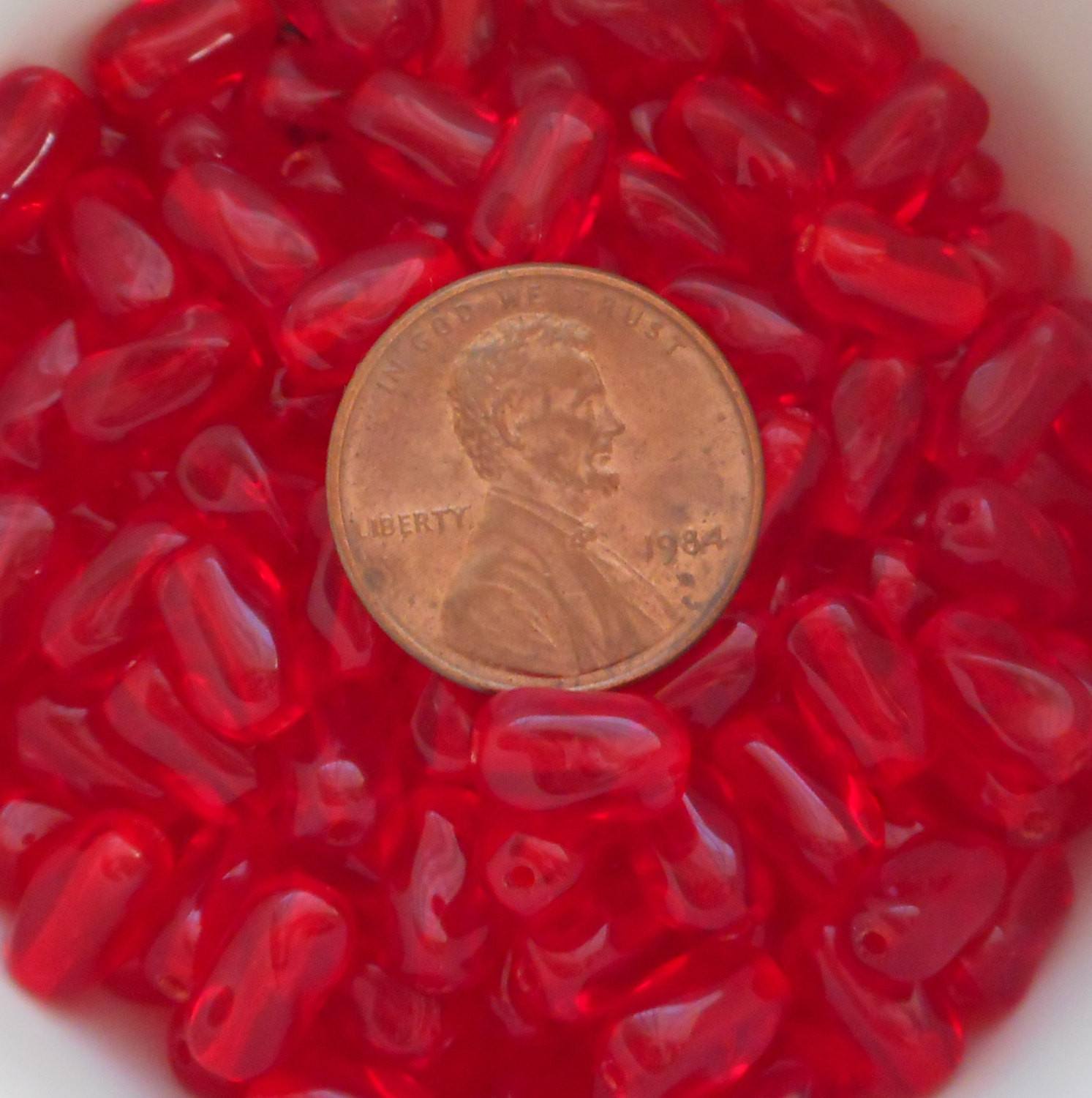 Lot of 25 9mm x 6mm Siam, Ruby Red Czech glass twisted oval beads, C0625 - Glorious Glass Beads