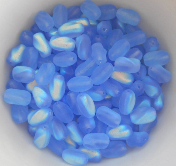Lot of 25 9mm x 6mm Frosted Sapphire Blue AB Czech glass twisted oval beads, C3325