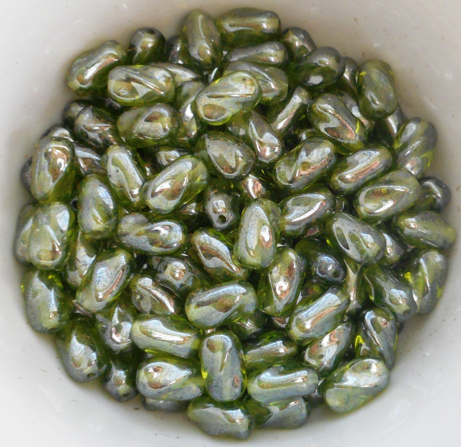 Lot of 25 9mm x 6mm Olivine Green Iridescent Shimmer Czech glass twisted oval beads, C3325 - Glorious Glass Beads