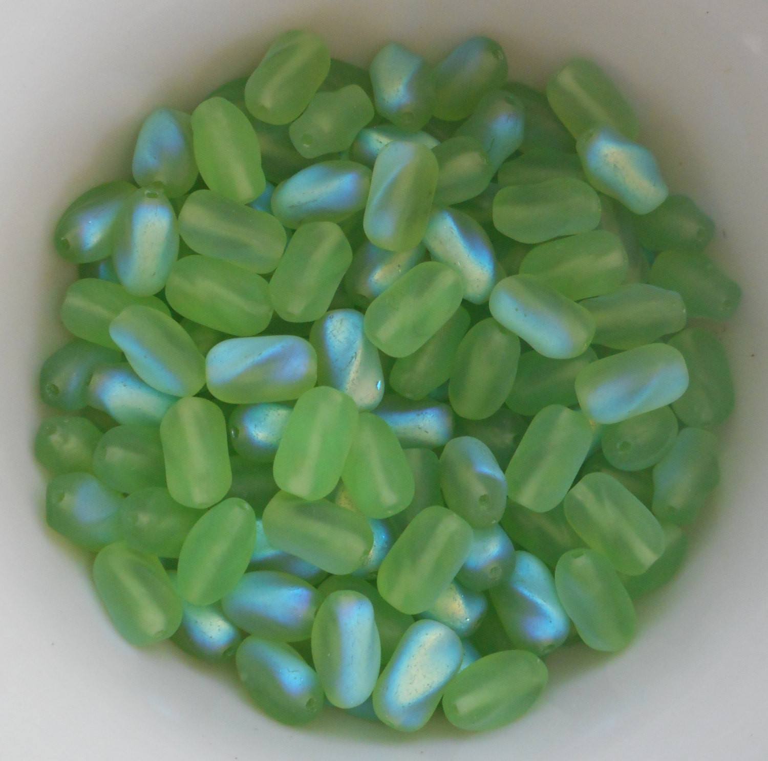 Lot of 25 9mm x 6mm Frosted Peridot Lime Green AB glass twisted oval beads, C2325 - Glorious Glass Beads