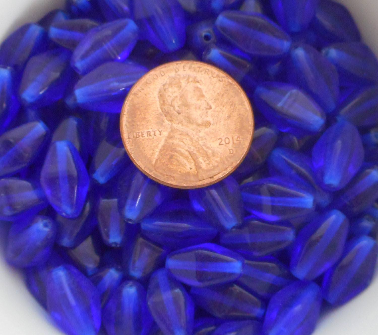 Lot of 25 11mm x 7mm Cobalt Blue Czech glass lantern or tube beads, C8225 - Glorious Glass Beads