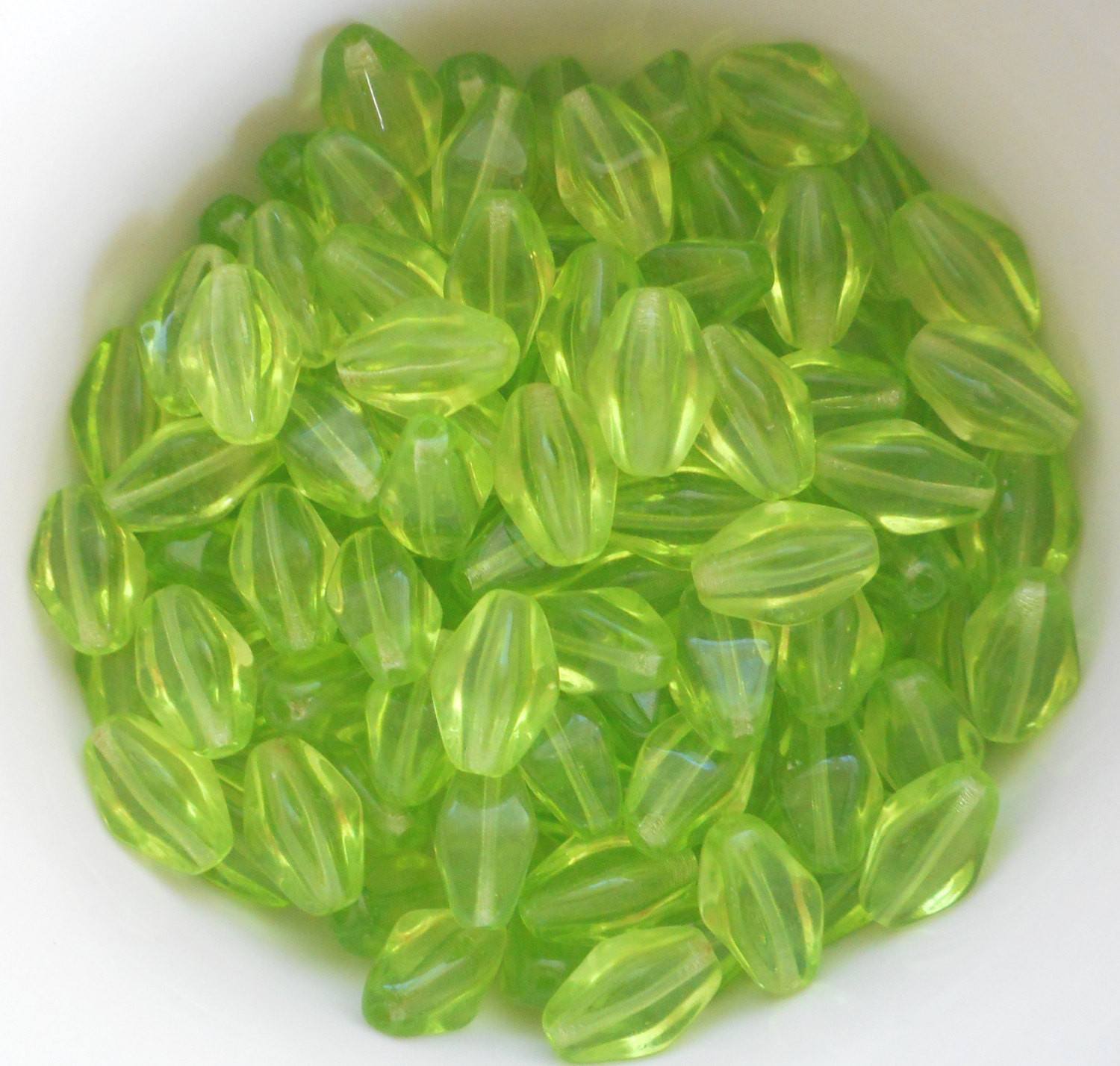 Lot of 25 11mm x 7mm Pierdot, Lime Green Czech glass lantern or tube beads, C7425 - Glorious Glass Beads