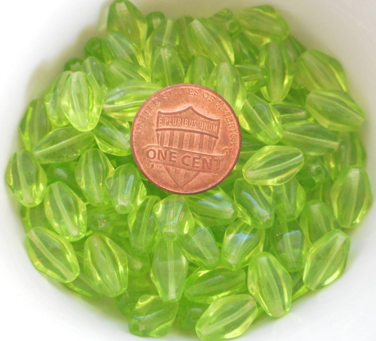 Lot of 25 11mm x 7mm Pierdot, Lime Green Czech glass lantern or tube beads, C7425 - Glorious Glass Beads