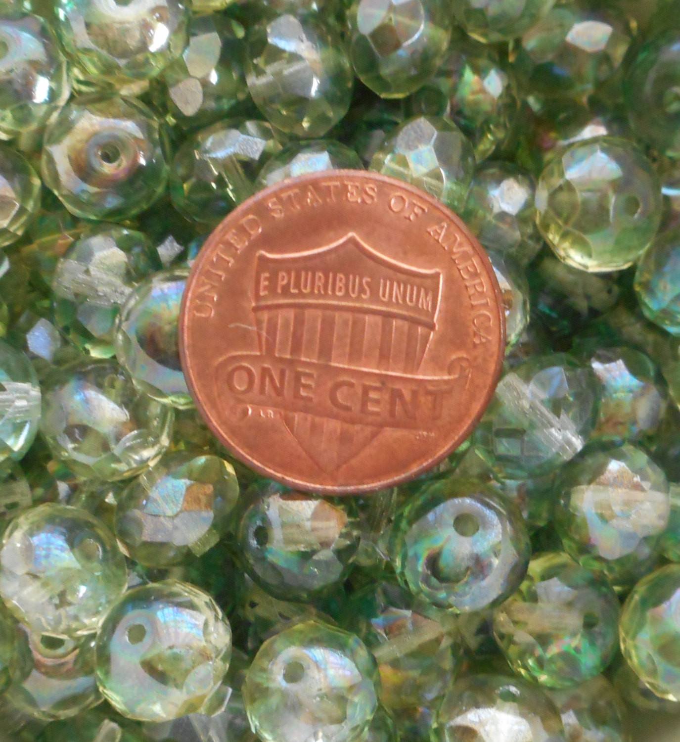 Lot of 25 6 x 9mm Czech Lumi Mint Green faceted puffy rondelle beads,  C91125 - Glorious Glass Beads