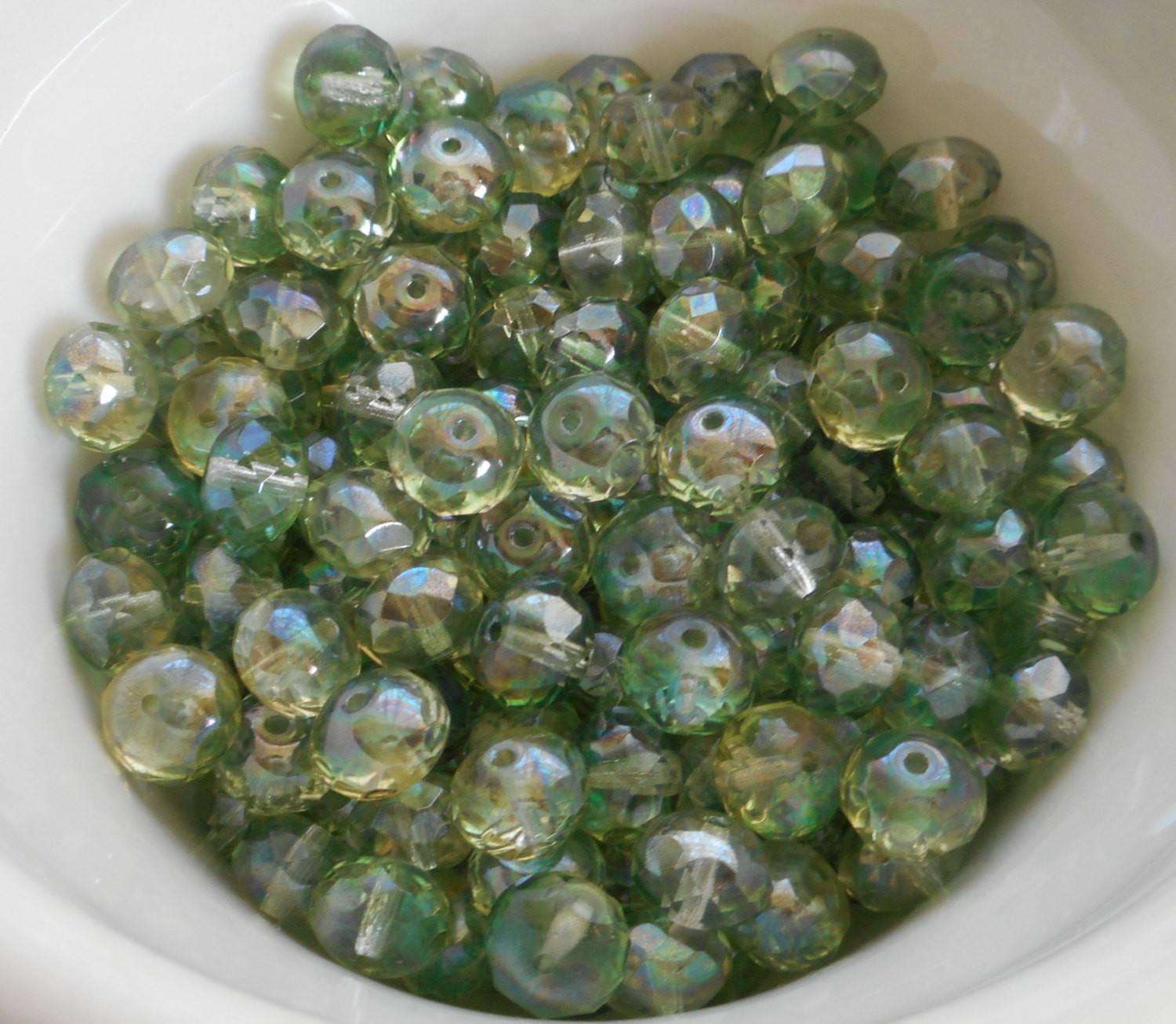 Lot of 25 6 x 9mm Czech Lumi Mint Green faceted puffy rondelle beads,  C91125 - Glorious Glass Beads