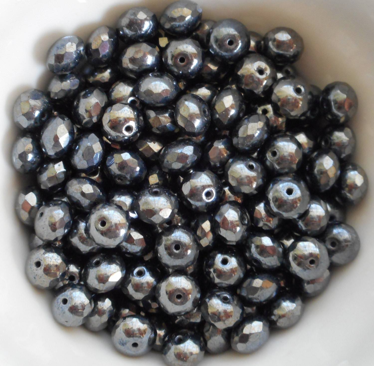 Lot of 25 6 x 9mm Czechglass  Metallic Gray Hematite faceted puffy rondelle beads, C1725 - Glorious Glass Beads