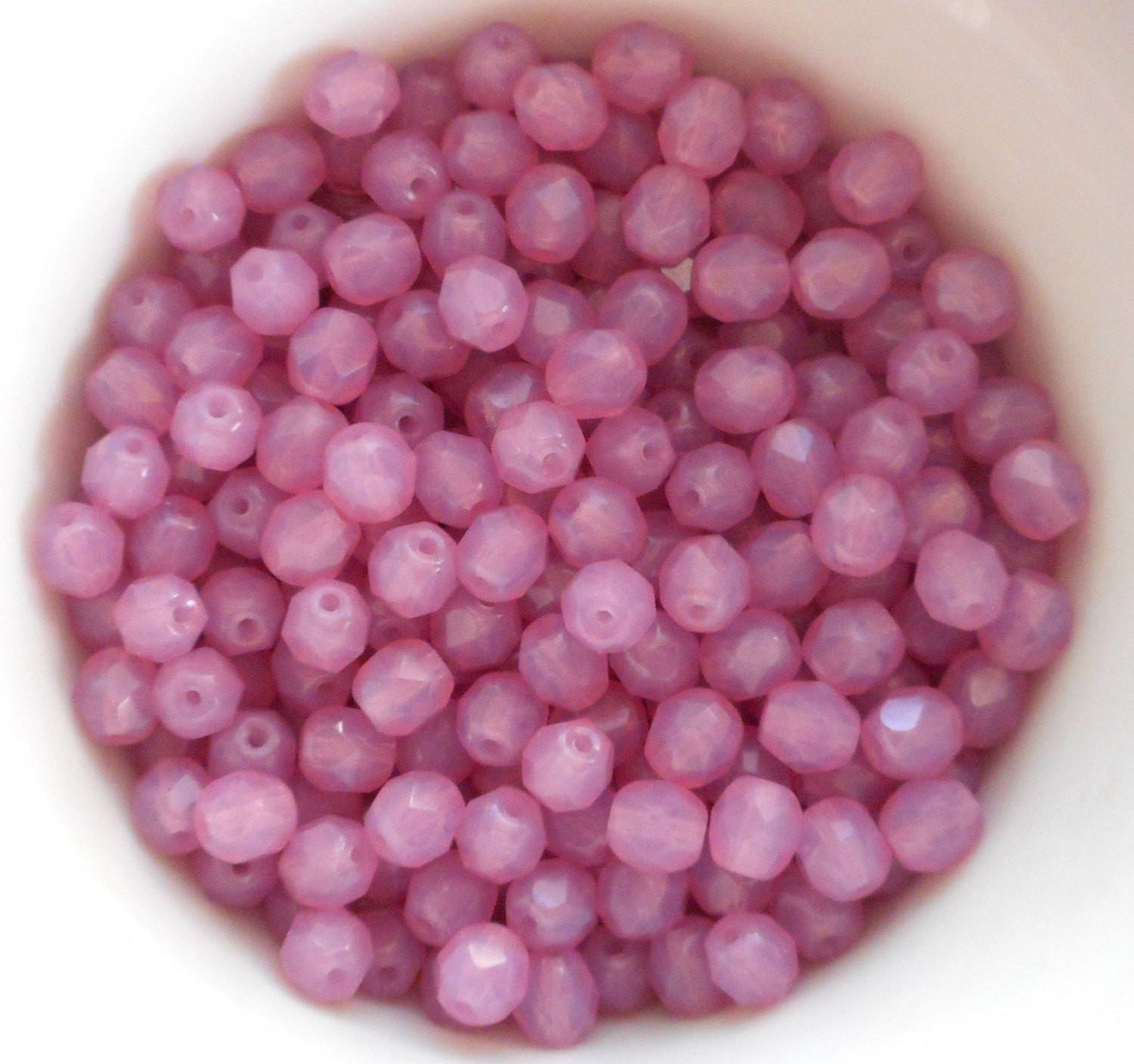 Lot of 25 6mm Czech glass, Milky Pink Rose Opal, opaque firepolished, faceted round beads, C4425 - Glorious Glass Beads