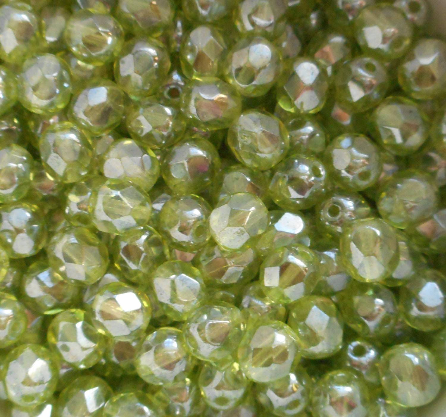Lot of 25 6mm Olivine Green Iridescent Shimmer Czech glass firepolished, faceted beads, C6425 - Glorious Glass Beads