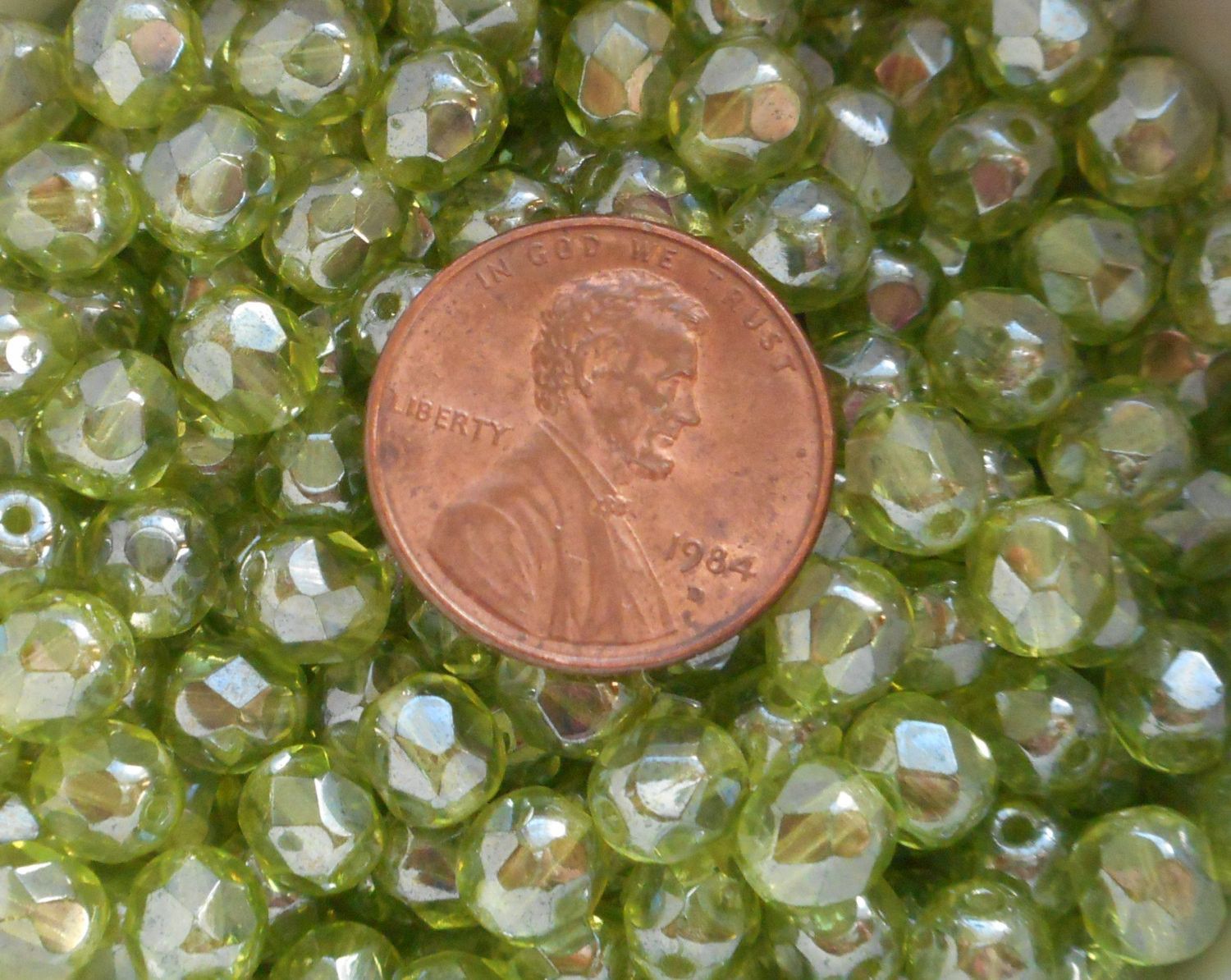 Lot of 25 6mm Olivine Green Iridescent Shimmer Czech glass firepolished, faceted beads, C6425 - Glorious Glass Beads