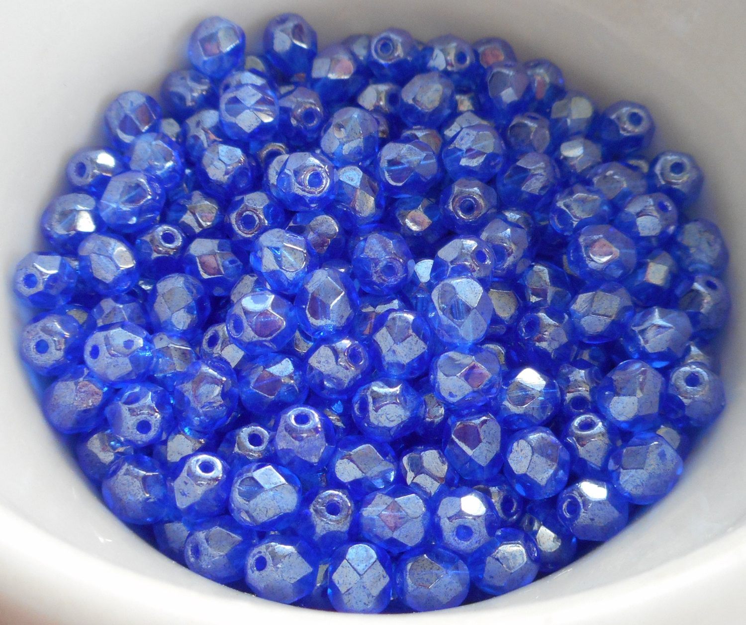 Lot of 25 6mm Sapphire Blue Iridescent Shimmer Czech glass firepolished, faceted beads, C7225 - Glorious Glass Beads
